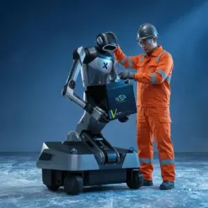 AGV battery Robot receiving battery from technician
