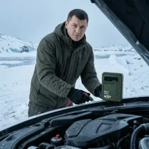 High-Rate Battery Cells for Emergency Power Supply | WES Cold Cranking Solutions 2 Man jump-starting car in snow