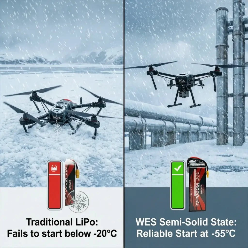 Comparison of WES semi-solid state drone battery and traditional LiPo battery operating in extreme cold weather (-55°C) for industrial inspection.