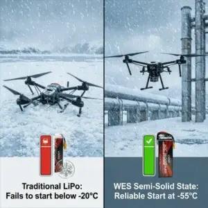 Comparison of WES semi-solid state drone battery and traditional LiPo battery operating in extreme cold weather (-55°C) for industrial inspection.