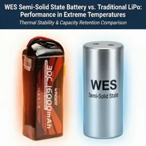 Comparison of WES semi-solid state drone battery and traditional LiPo battery operating in extreme cold weather (-55°C) for industrial inspection.