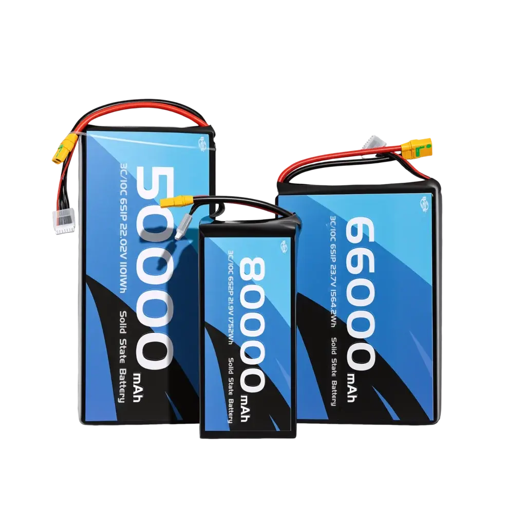 WES solid state battery pack comparison in 5000mAh 6600mAh and 8000mAh sizes for drones white background