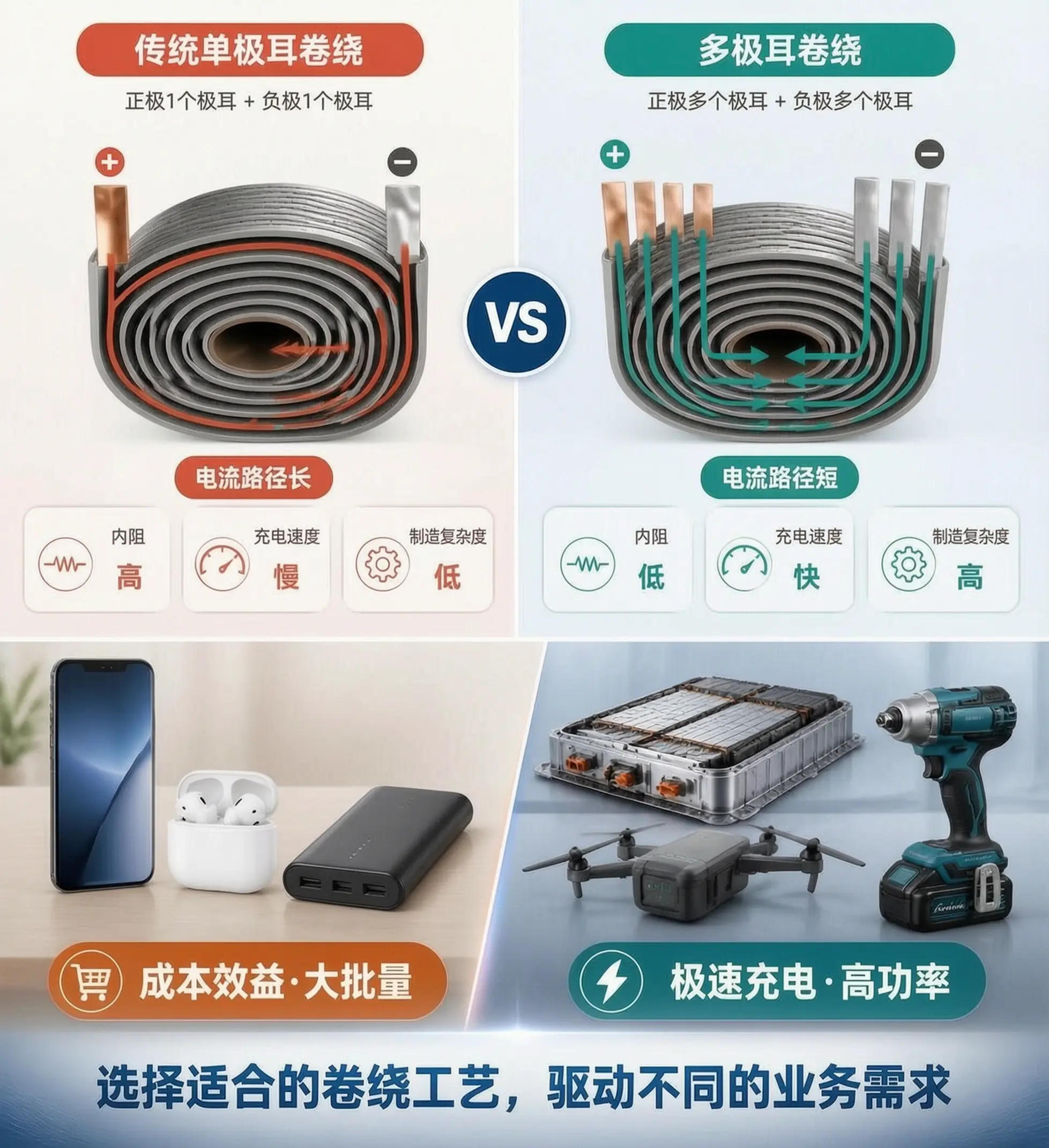 5 Key Differences: Lithium Battery Winding Process: Conventional Winding vs Multi-Lug Winding 2 Lithium battery winding process comparison chart: traditional single tab vs multi-tab technology advantages and applications in EVs and drones