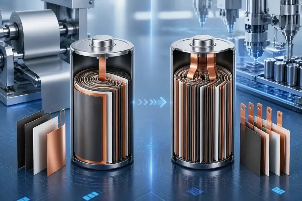 Lithium battery winding process evolution: 3D cutaway showing single tab vs multi-tab internal structure for fast charging