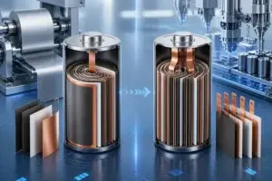 Home 15 Lithium battery winding process evolution: 3D cutaway showing single tab vs multi-tab internal structure for fast charging