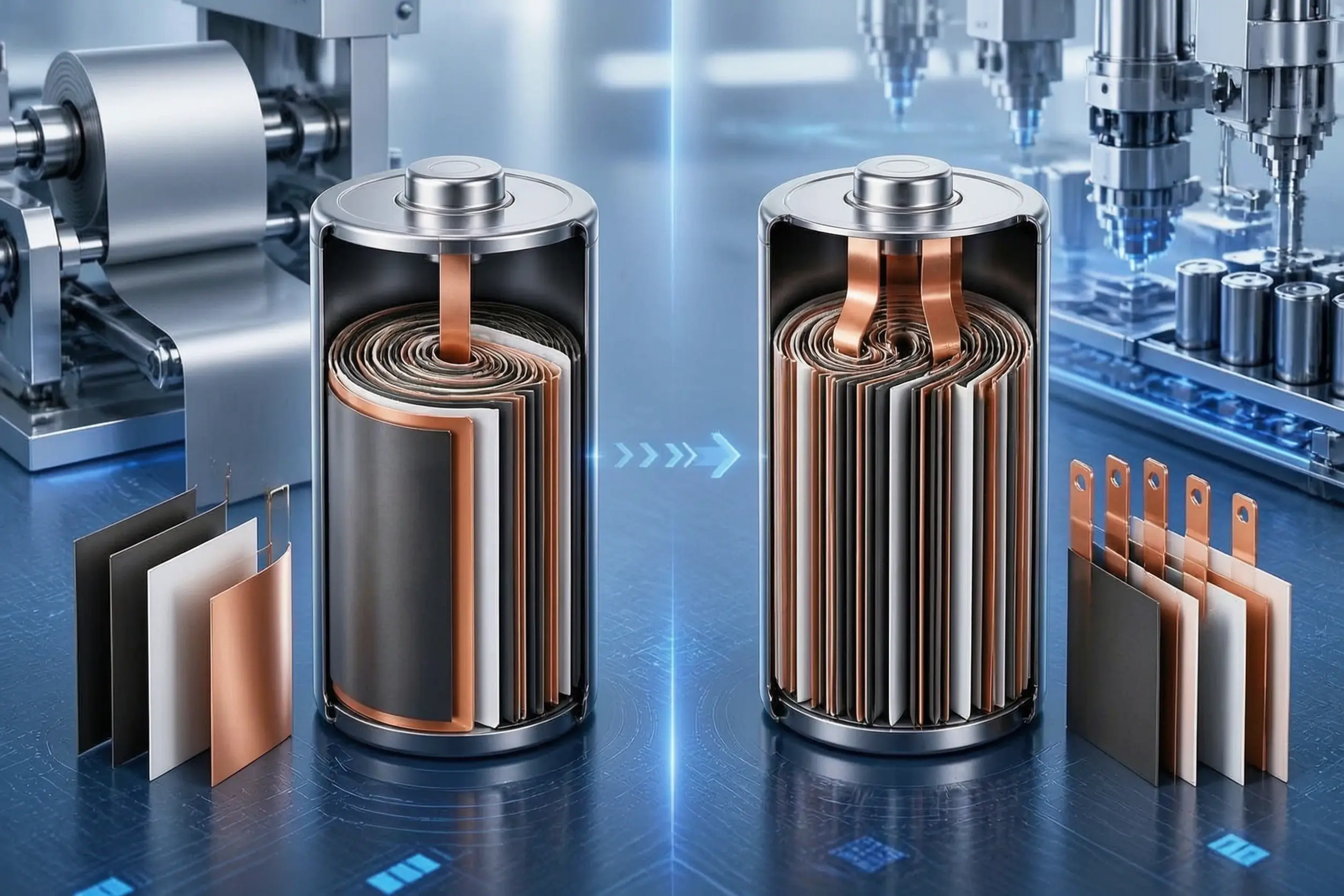 5 Key Differences: Lithium Battery Winding Process: Conventional Winding vs Multi-Lug Winding 1 Lithium battery winding process evolution: 3D cutaway showing single tab vs multi-tab internal structure for fast charging