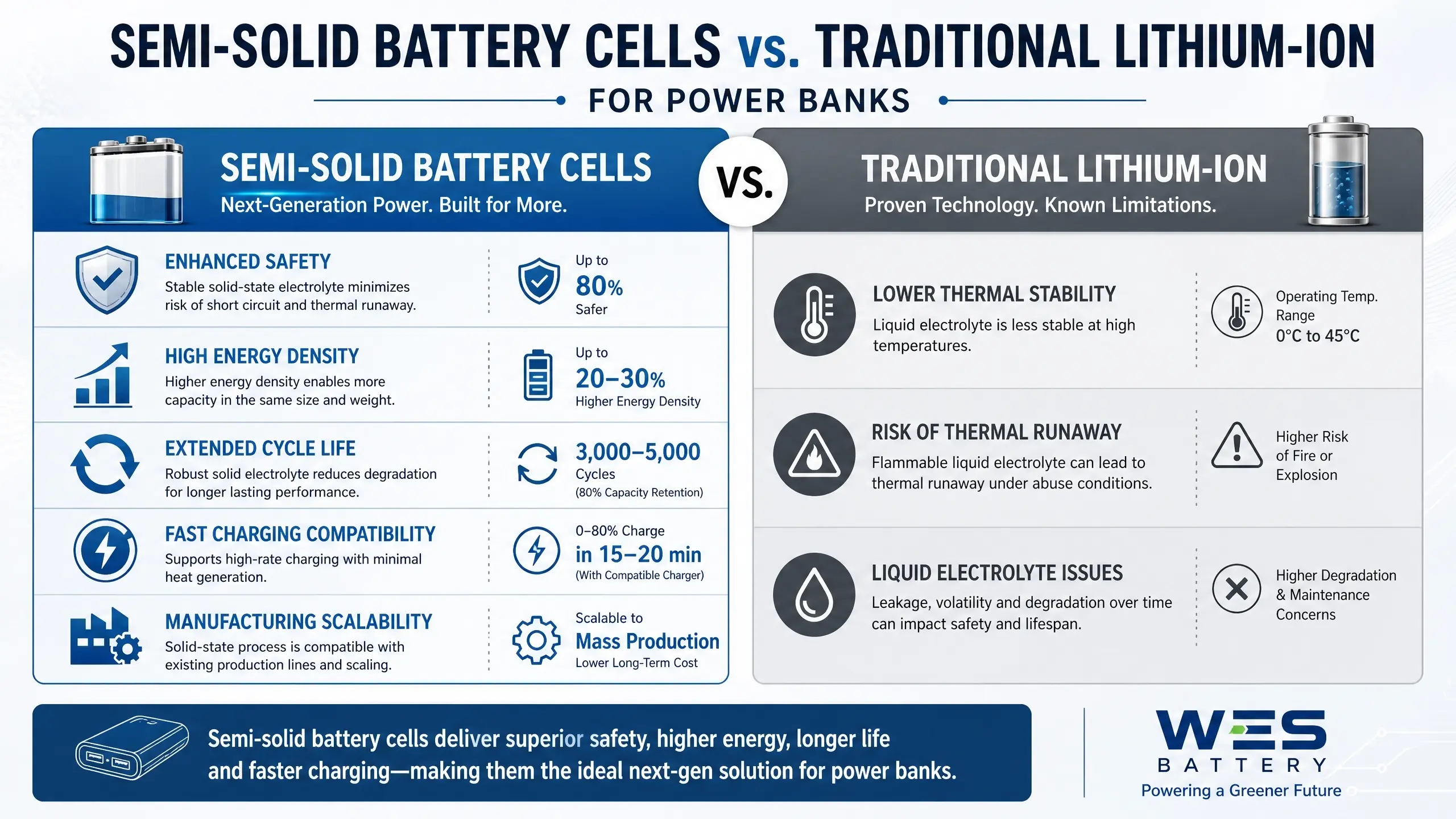 Infographic titled 'Semi-Solid Battery Cells vs. Traditional Lithium-Ion for Power Banks' by WES Battery. This side-by-side comparison highlights the advantages of semi-solid battery cells: Enhanced Safety (stable electrolyte, reduced thermal runaway risk), High Energy Density (up to 20-30% higher), Extended Cycle Life (3,000-5,000 cycles), Fast Charging Compatibility (0-80% charge in 15-20 min), and Manufacturing Scalability. In contrast, traditional lithium-ion cells are shown with Lower Thermal Stability, Risk of Thermal Runaway, and Liquid Electrolyte Issues. The infographic uses a professional blue/grey color palette with icons and a small WES Battery logo.