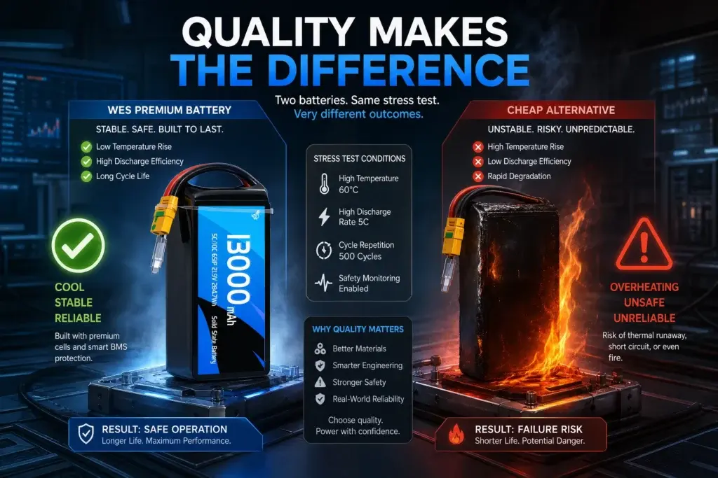 Solid State Battery Specifications: Technical Reference & Standards Guide 1 Safety stress test comparison between WES premium solid-state battery and cheap alternatives, showing stability vs. overheating risks.