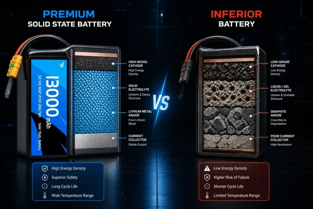 Solid State Battery Specifications: Technical Reference & Standards Guide 5 Internal structure comparison between premium solid-state battery and inferior battery, highlighting uniform solid electrolyte and pure lithium metal anode.