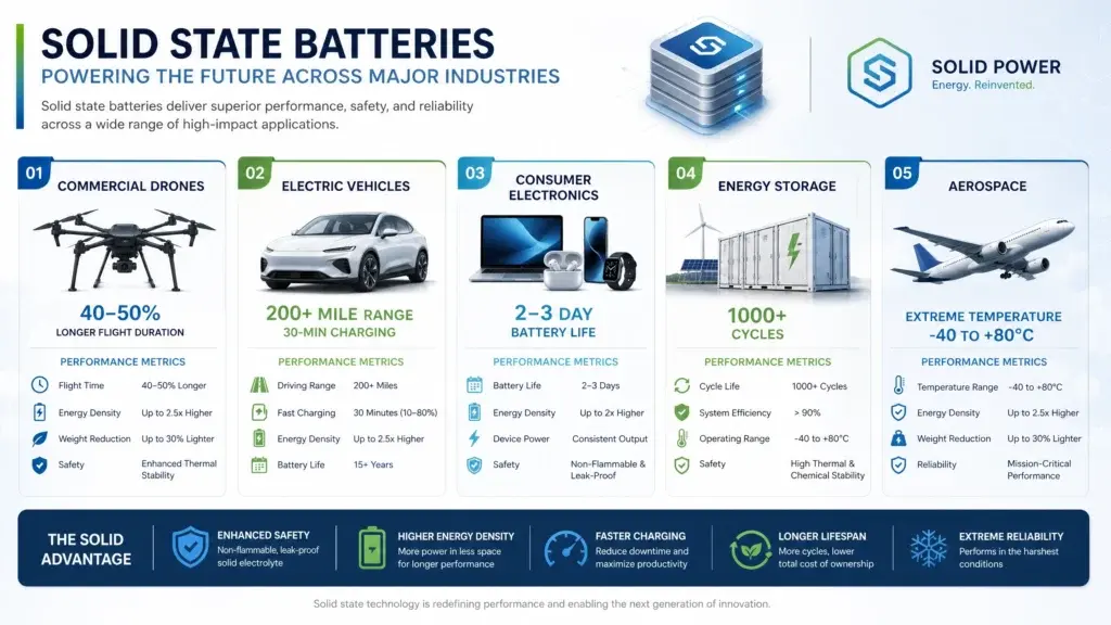 Infographic showing solid state battery applications across five major industries: commercial drones with 40-50% longer flight duration, electric vehicles with 200+ mile range and 30-minute charging, consumer electronics with 2-3 day battery life, energy storage systems with 1000+ cycles, and aerospace with extreme temperature -40 to +80°C operation. Each industry shows key performance metrics and advantages of solid state battery technology.