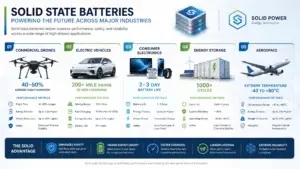 Infographic showing solid state battery applications across five major industries: commercial drones with 40-50% longer flight duration, electric vehicles with 200+ mile range and 30-minute charging, consumer electronics with 2-3 day battery life, energy storage systems with 1000+ cycles, and aerospace with extreme temperature -40 to +80°C operation. Each industry shows key performance metrics and advantages of solid state battery technology.