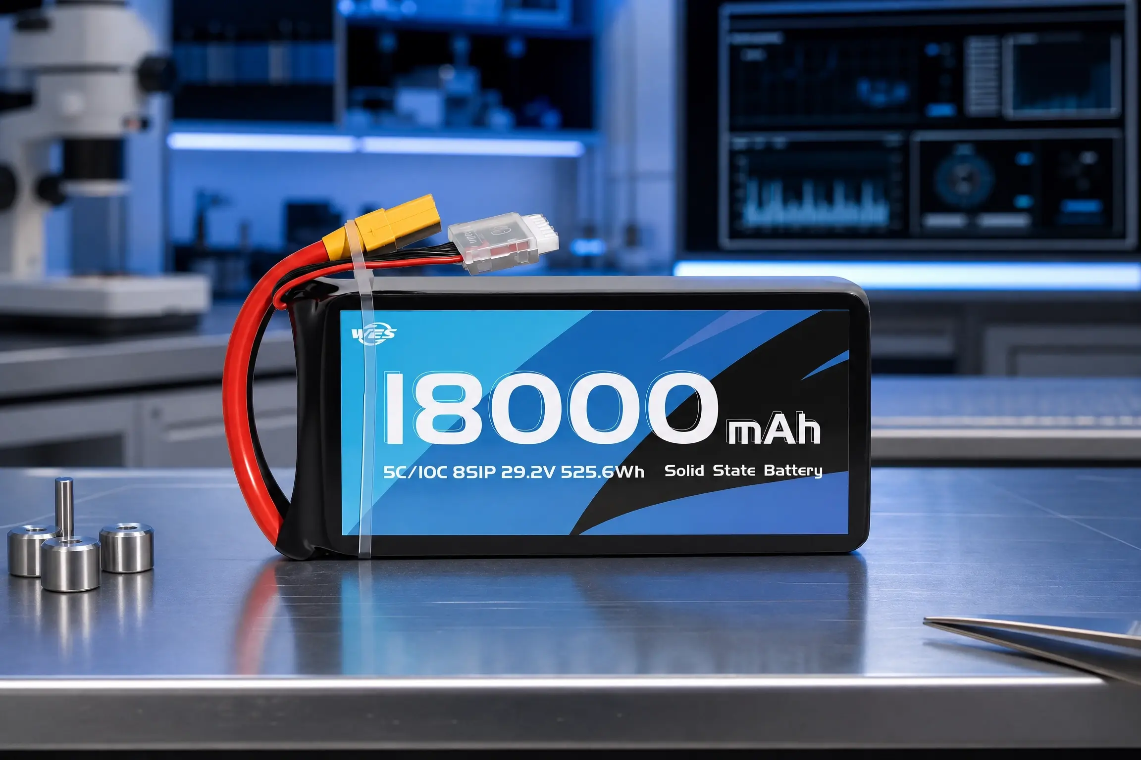 Solid State Battery vs Lithium Ion: Complete Technical Comparison 1 Professional industrial 18000mAh solid-state battery product showcase on a high-tech lab workbench.