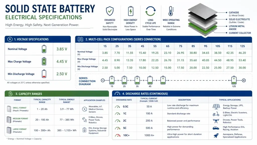 Solid State Battery Specifications: Technical Reference & Standards Guide 2 Technical infographic displaying solid state battery electrical specifications including: voltage specifications (nominal 3.85V, maximum charge 4.45V, minimum discharge 2.5V), multi-cell pack configurations from 1S to 12S with corresponding voltage values, capacity ranges for small/medium/large formats (1-20Ah, 20-100Ah+), and discharge rates from 0.5C to 10C+ with typical current values and applications. Includes series connection diagram and application examples for each discharge rate including energy storage, e-bikes, drones, and aerospace. Professional technical design with blue and green colors showing solid state battery specifications for OEM procurement.