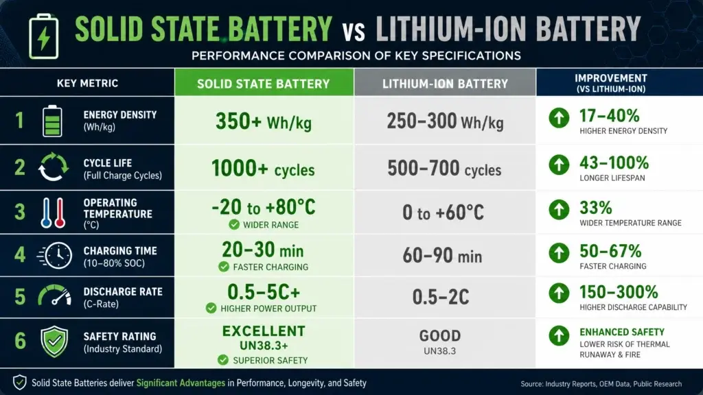 Solid State Battery Specifications: Technical Reference & Standards Guide 3 Performance comparison infographic showing solid state battery specifications versus lithium-ion battery across six key metrics: energy density (350+ Wh/kg vs 250-300 Wh/kg, 17-40% improvement), cycle life (1000+ cycles vs 500-700 cycles, 43-100% longer), operating temperature (-20 to +80°C vs 0-60°C, 33% wider range), charging time (20-30 minutes vs 60-90 minutes, 50-67% faster), discharge rate (0.5-5C+ vs 0.5-2C, 150-300% higher capability), and safety rating (Excellent UN38.3+ vs Good UN38.3, enhanced safety). Green bars highlight solid state battery advantages over gray lithium-ion baseline. Includes checkmarks for solid state battery technical specifications advantages and industry standard certifications.