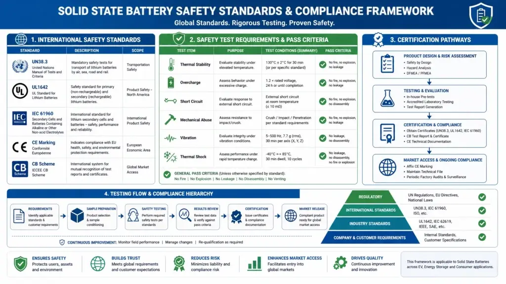 Comprehensive technical infographic displaying solid state battery compliance standards and safety framework including: international safety standards (UN38.3 for transportation, UL1642 for product safety, IEC 61960 for secondary cells, CE for European conformity, CB for global certification), safety test requirements (thermal stability at 130°C, overcharge at 120% voltage, short circuit, mechanical abuse, vibration 5-500Hz, thermal shock -40 to +85°C), and certification pathways showing product design assessment, testing and evaluation, certification and compliance, and market access. Includes testing flow diagram and compliance hierarchy showing regulatory, international standards, industry standards, and company requirements. Professional technical design with blue and green colors for solid state battery compliance standards and certification requirements.