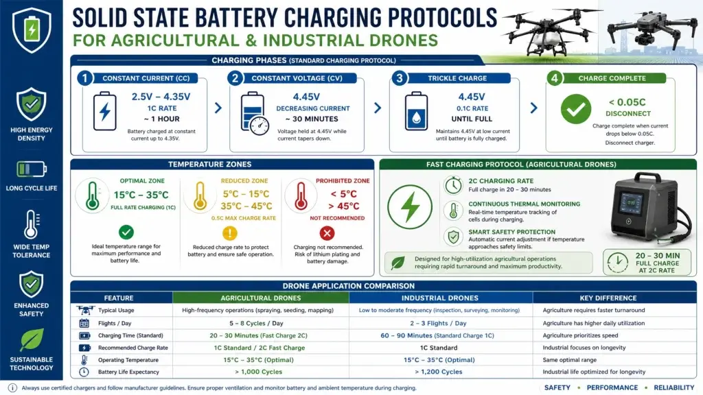 Technical infographic displaying solid state battery charging protocols for agricultural and industrial drones. Shows four charging phases: Constant Current (2.5V-4.35V at 1C rate for ~1 hour), Constant Voltage (4.45V with decreasing current for ~30 minutes), Trickle Charge (4.45V at 0.1C until full), and Charge Complete (disconnect at <0.05C). Displays three temperature zones: Optimal Zone (15-35°C for full rate charging), Reduced Zone (5-15°C or 35-45°C at 0.5C max), and Prohibited Zone (<5°C or >45°C not recommended). Highlights Fast Charging Protocol for agricultural drones with 2C charging rate enabling 20-30 minute full charge with continuous thermal monitoring. Includes comparison table showing agricultural drones (5-8 cycles/day, 20-30 min charging) versus industrial drones (2-3 flights/day, 60-90 min charging). Professional technical design with blue and green colors, icons for each charging phase, temperature gauges, and drone imagery showing real-world applications.