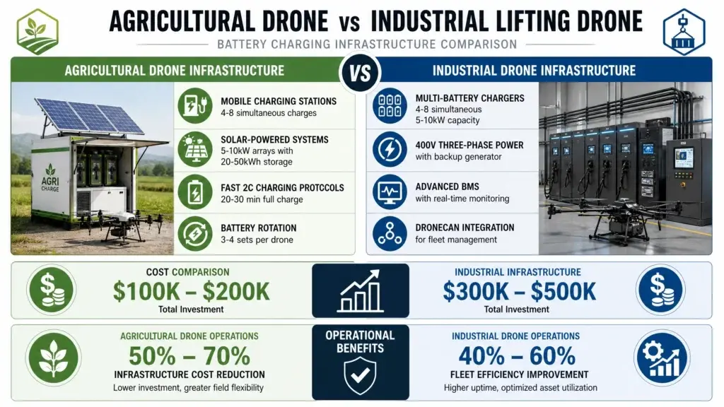 Infrastructure comparison infographic showing agricultural drone versus industrial lifting drone battery charging requirements. Agricultural Drone Infrastructure includes: Mobile charging stations supporting 4-8 simultaneous charges, Solar-powered systems with 5-10kW arrays and 20-50kWh storage, Fast 2C charging protocols enabling 20-30 minute full charges, and battery rotation systems with 3-4 sets per drone. Industrial Drone Infrastructure includes: Multi-battery chargers with 4-8 simultaneous 5-10kW capacity, 400V three-phase power with backup generator capability, Advanced Battery Management Systems (BMS) with real-time monitoring, and DroneCAN integration for fleet management. Cost Comparison shows agricultural infrastructure investment of $100K-$200K versus industrial infrastructure of $300K-$500K. Operational Benefits highlight 50-70% infrastructure cost reduction for agricultural operations and 40-60% fleet efficiency improvement for industrial operations. Professional design with green color scheme for agriculture, blue for industrial, includes photos of actual charging stations and drone imagery.