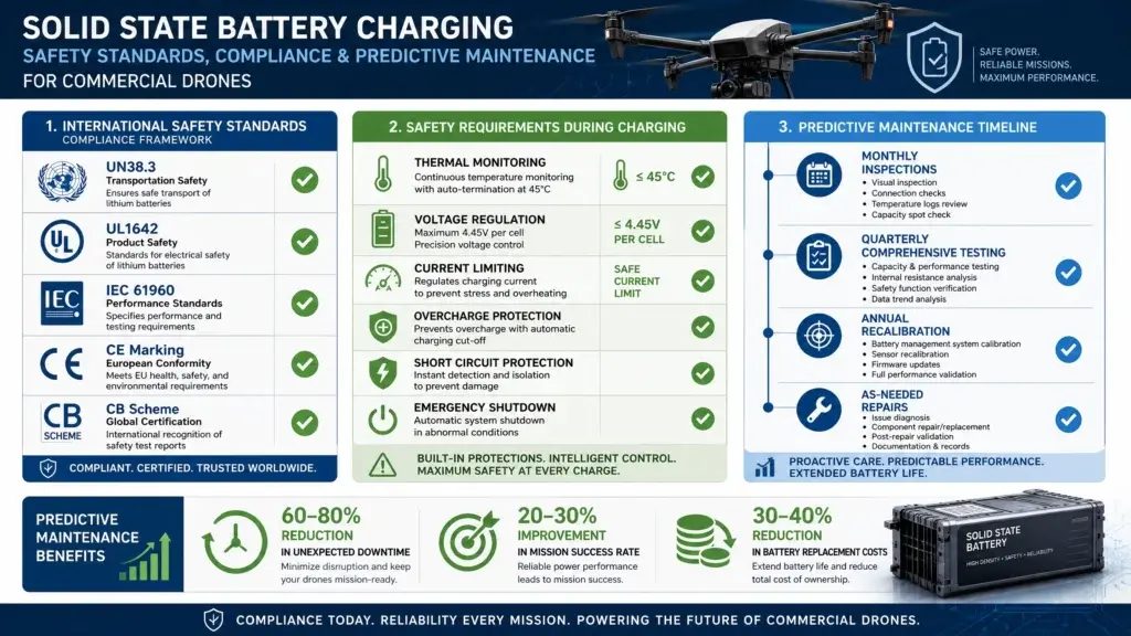 Comprehensive technical infographic displaying solid state battery charging safety standards, compliance framework, and predictive maintenance for commercial drones. International Safety Standards section includes: UN38.3 for transportation safety ensuring safe transport of lithium batteries, UL1642 for product safety standards for electrical safety, IEC 61960 for performance standards specifying performance and testing requirements, CE Marking for European conformity meeting EU health and safety requirements, and CB Scheme for global certification enabling international recognition of safety reports. Safety Requirements During Charging section displays: Thermal monitoring with automatic termination at 45°C, Voltage regulation maintaining maximum 4.45V per cell, Current limiting to prevent stress and overheating, Overcharge protection with automatic charging cut-off, Short circuit protection with instant detection and isolation, and Emergency shutdown capability for all charging stations. Predictive Maintenance Timeline shows: Monthly inspections including visual inspection and connection checks, Quarterly comprehensive testing with capacity and performance testing, Annual recalibration including battery system calibration and firmware updates, and As-needed repairs for issue diagnosis and component replacement. Predictive Maintenance Benefits highlight: 60-80% reduction in unexpected downtime minimizing mission disruption, 20-30% improvement in mission success rate through reliable power, and 30-40% reduction in battery replacement costs extending battery life. Professional technical design with blue and green colors, checkmarks for compliance items, timeline visualization, and drone imagery.