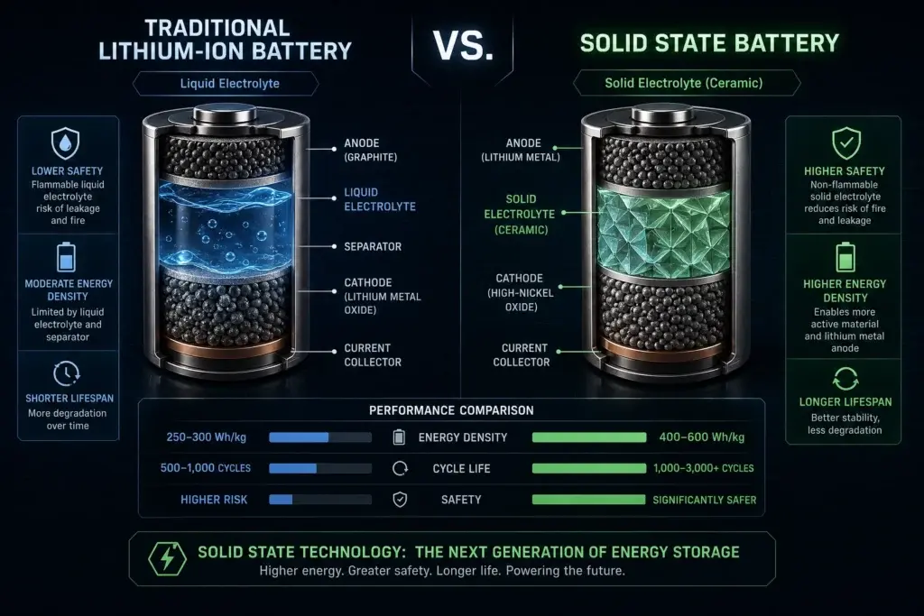 High-tech infographic comparing solid-state battery vs. traditional lithium-ion battery technology and performance.