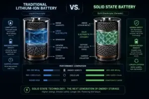 Home 15 High-tech infographic comparing solid-state battery vs. traditional lithium-ion battery technology and performance.