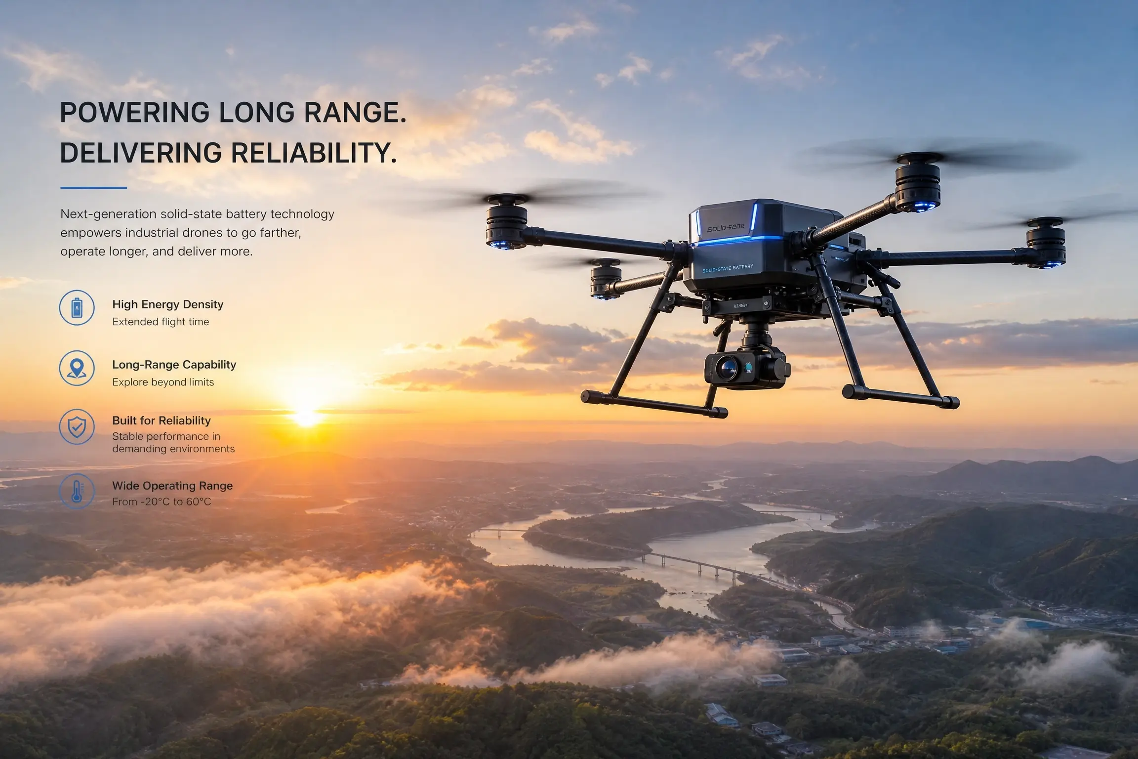 Solid State Battery vs Lithium Ion: Complete Technical Comparison 3 Industrial drone (UAV) powered by High Energy Density Battery for Commercial Drones.
