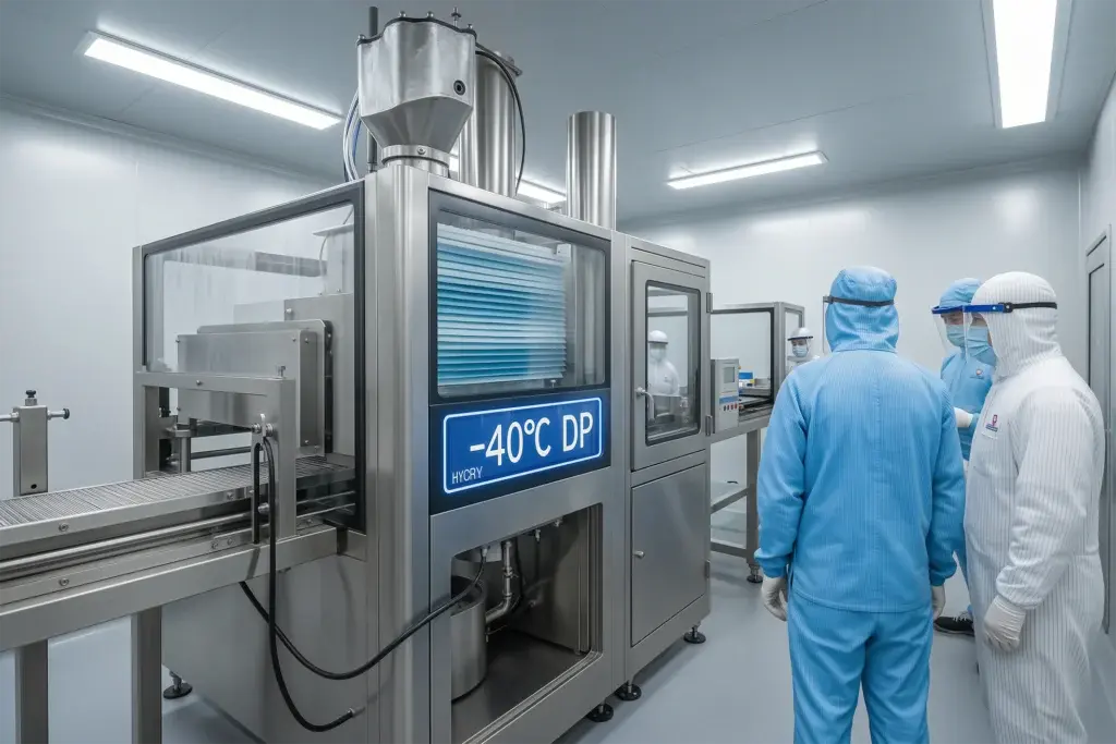 Automated high voltage drone battery coating line inside -40°C dew point dry room with real-time humidity display panel, demonstrating moisture control critical for 3.85V+ cell safety and compliance.