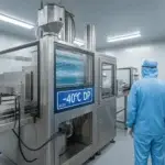 Automated lithium battery coating line inside -40°C dew point dry room with real-time humidity display panel, demonstrating moisture control critical for 3.85V+ cell safety and compliance.
