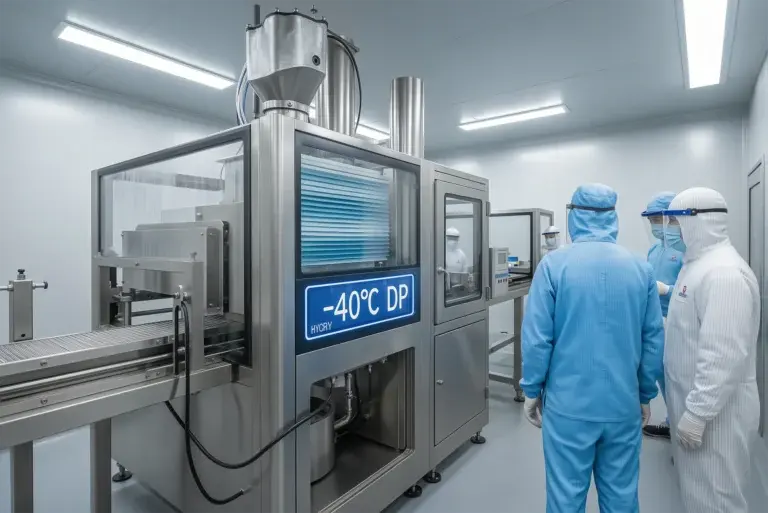 Automated lithium battery coating line inside -40°C dew point dry room with real-time humidity display panel, demonstrating moisture control critical for 3.85V+ cell safety and compliance.