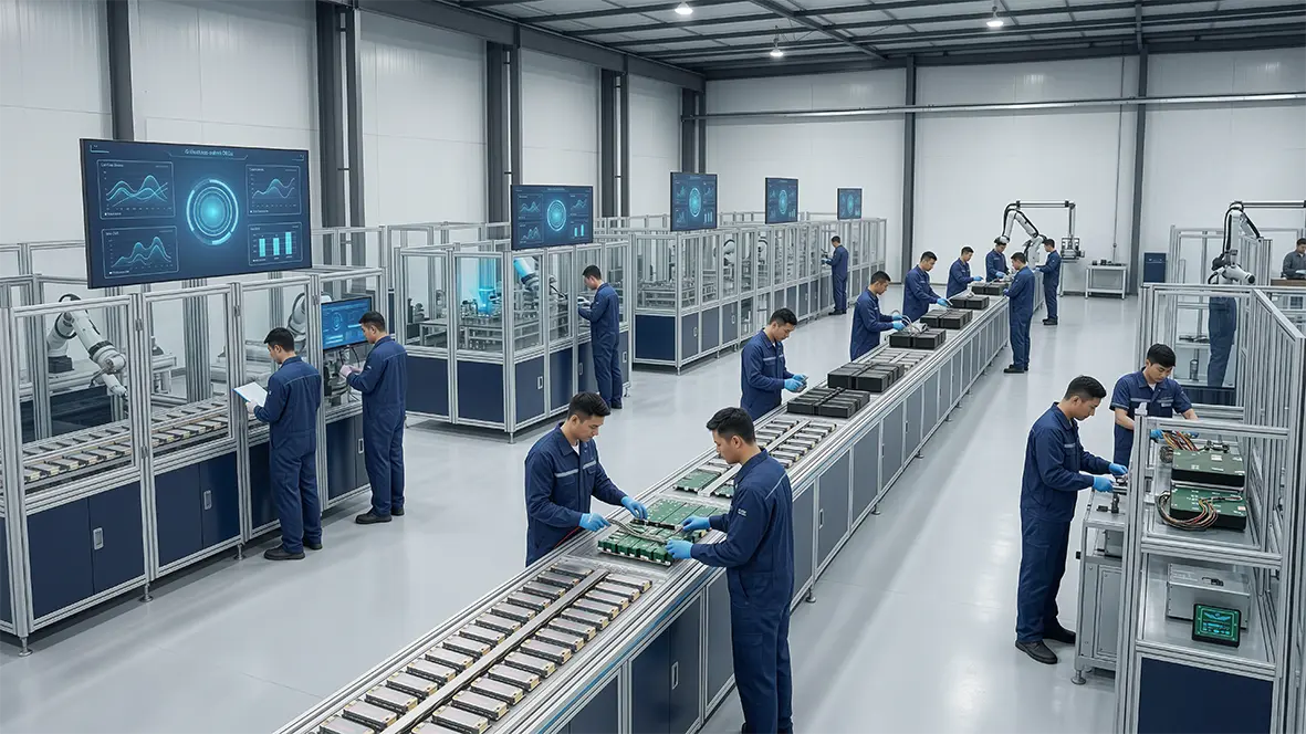 Technicians in blue uniforms assembling and inspecting custom battery packs along an automated cell-to-pack production line.