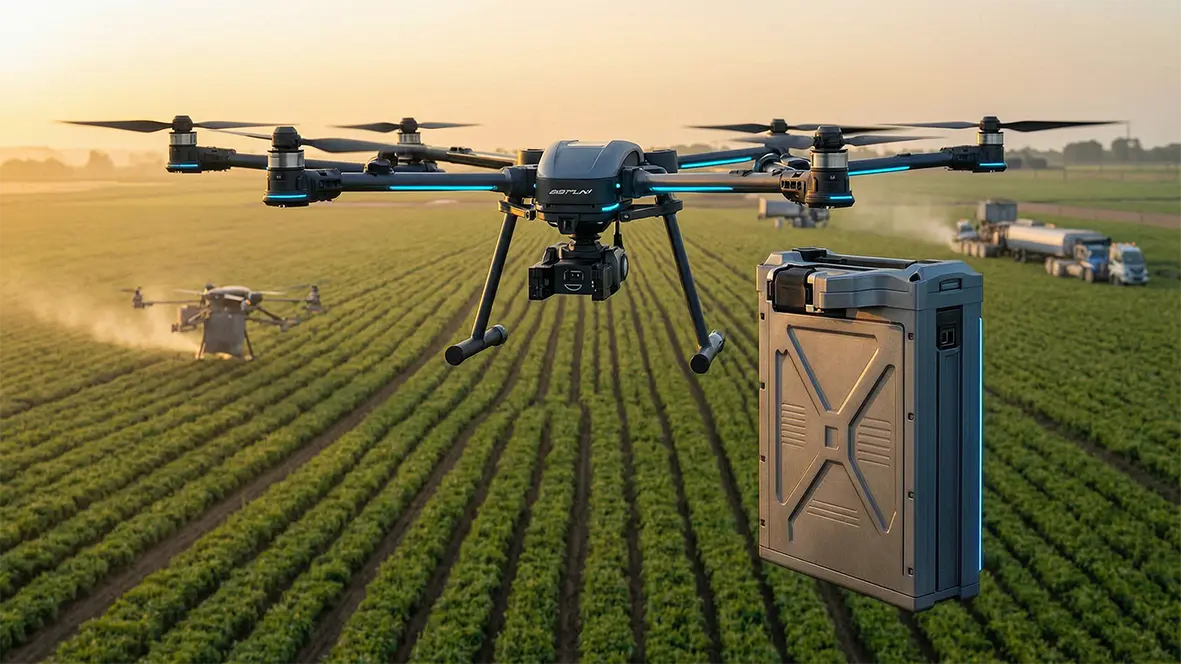 A six-rotor agricultural spraying drone hovering over farmland, powered by a custom industrial drone battery pack.