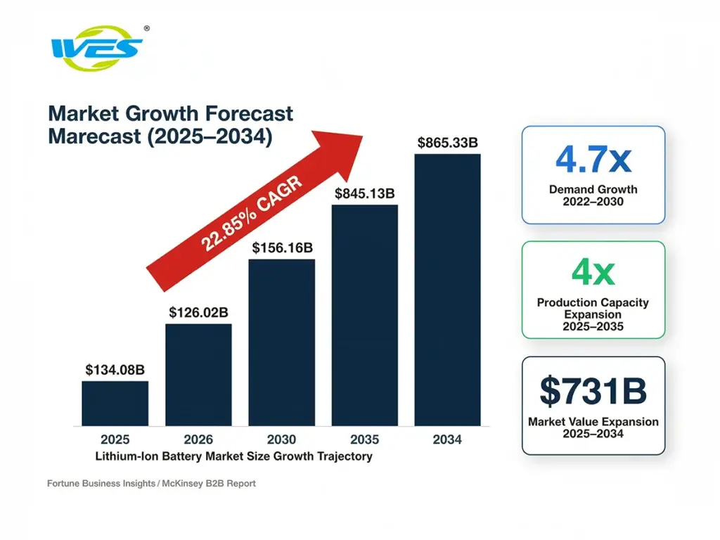Lithium-ion battery market growth forecast from 2025 to 2034, showing rising market value, demand and production capacity.