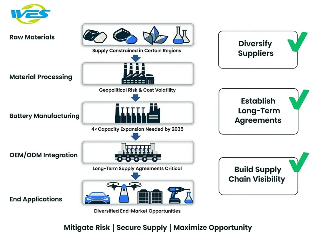 Lithium-Ion Battery Market Trends 2026 supply chain from raw materials to OEM integration, with supplier diversification and long-term procurement strategies.