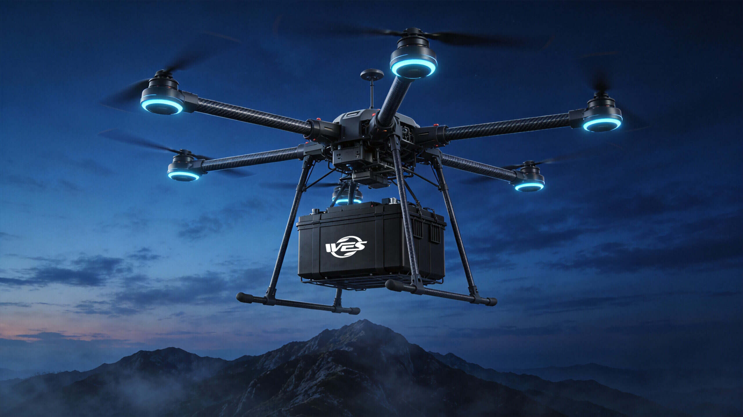 Industrial heavy-lift drone in flight at dusk