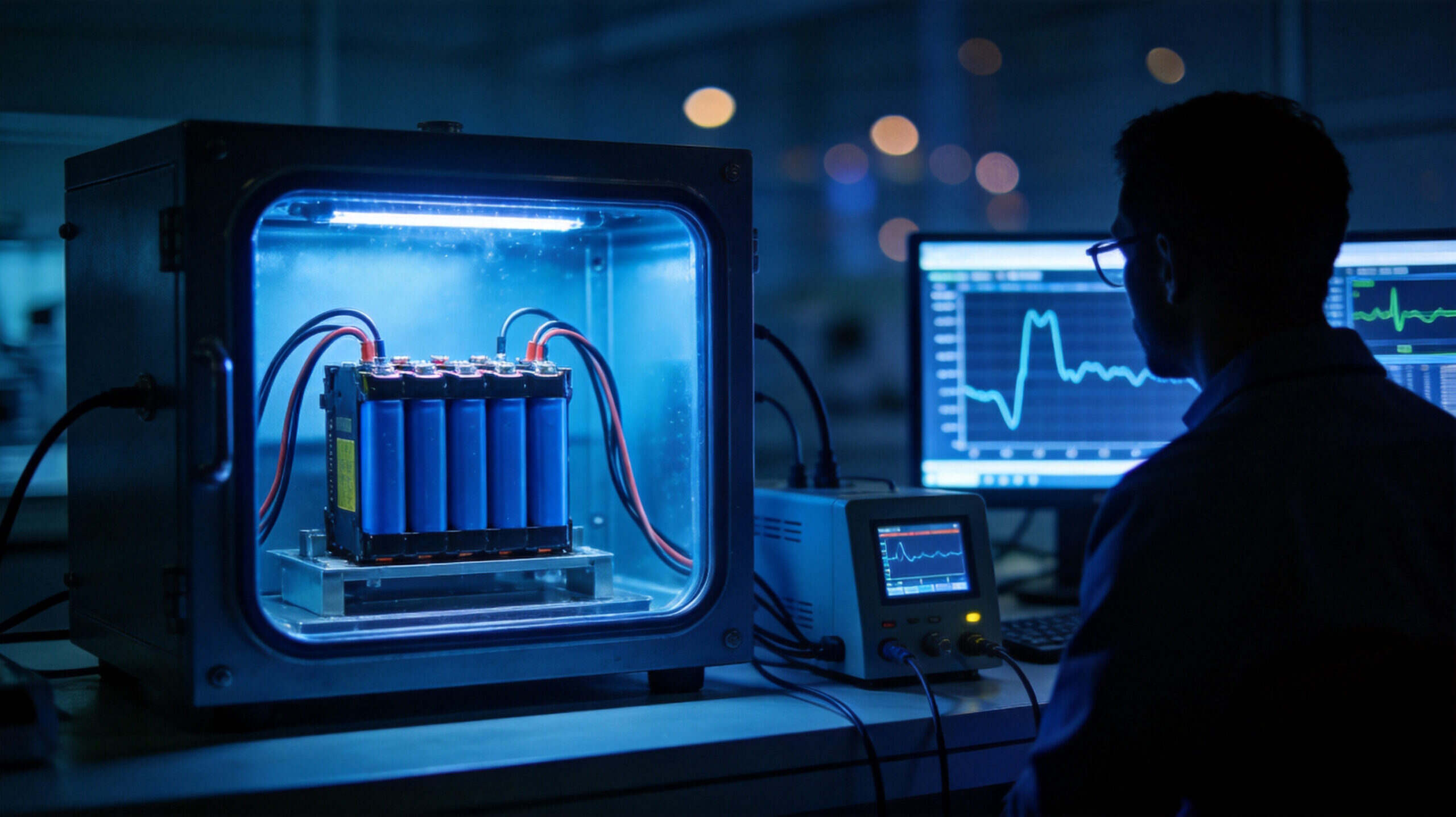 Drone battery undergoing thermal and safety testing in laboratory