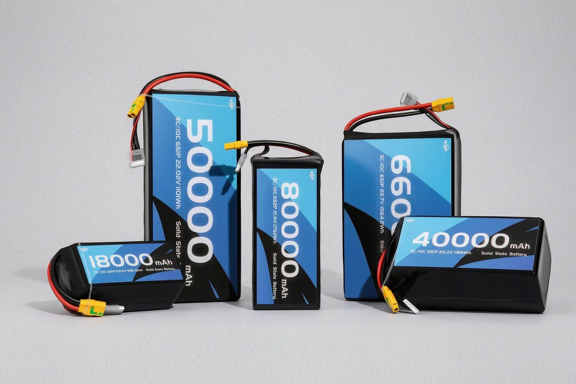 WES solid-state drone battery family lineup from 13,000 to 80,000 mAh for multirotor and VTOL fixed-wing platforms