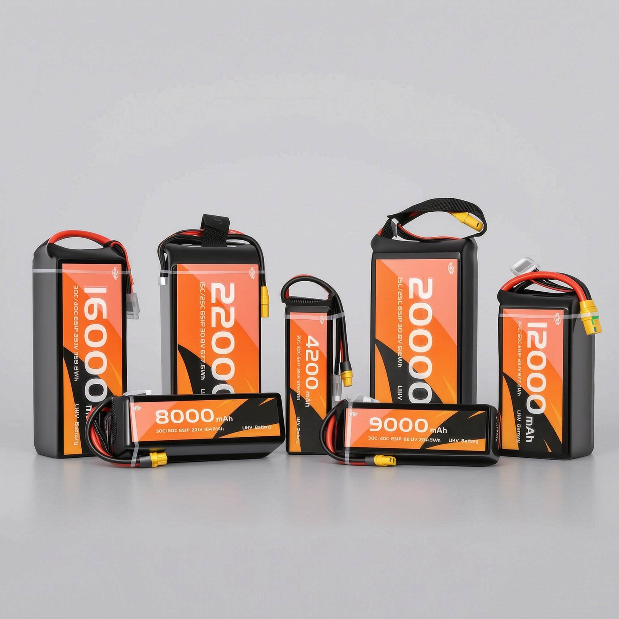 WES LiHV high-voltage drone battery family lineup from 4,200 to 32,000 mAh with orange labels