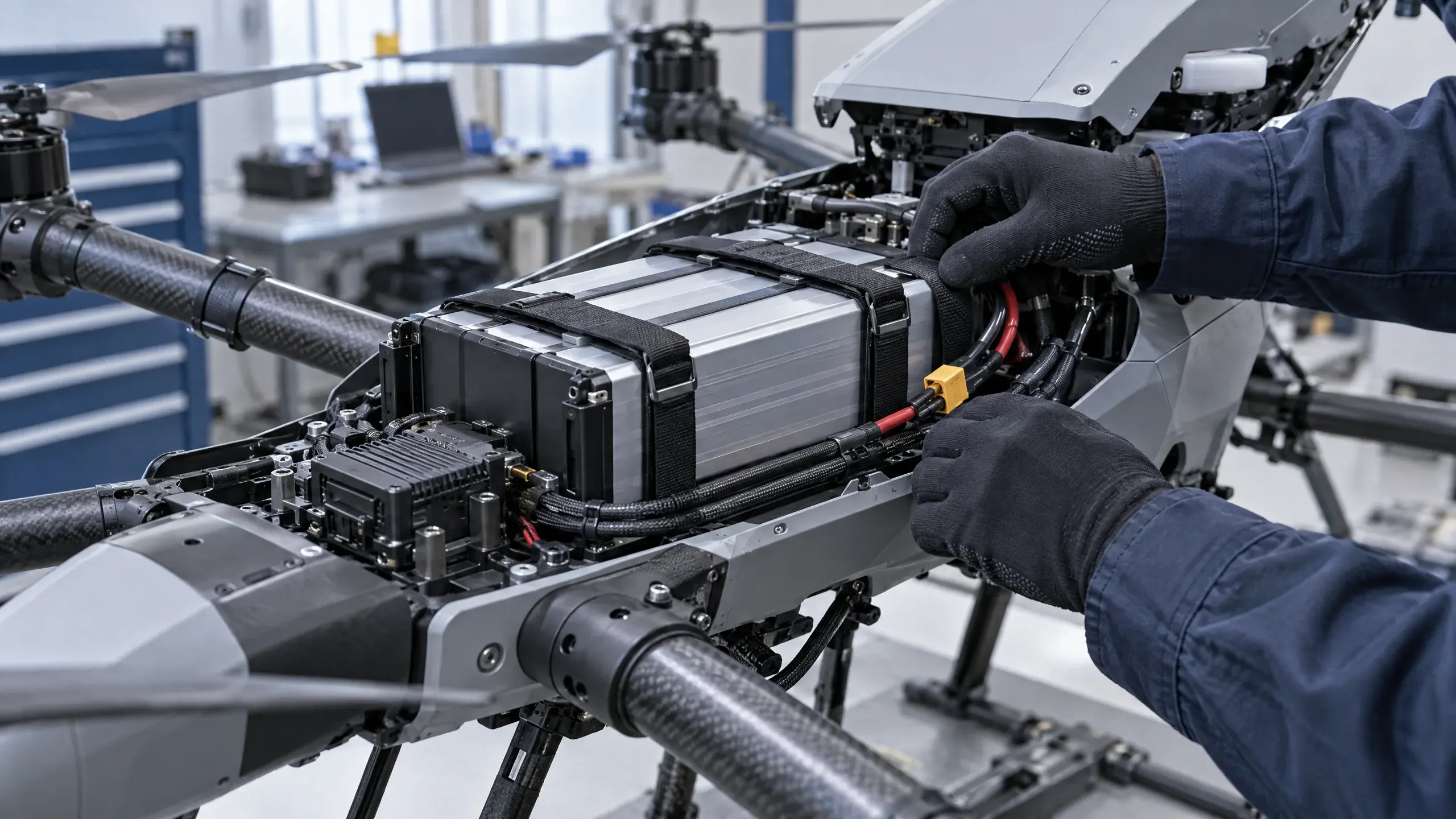 Engineer inspects LIHV battery wiring, connector routing, and fit inside an industrial drone airframe